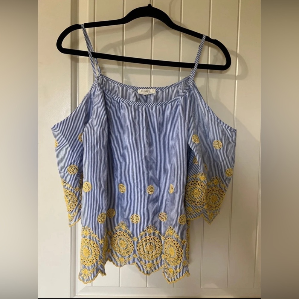 BLUE STRIPED TOP WITH YELLOW EMBROIDERY